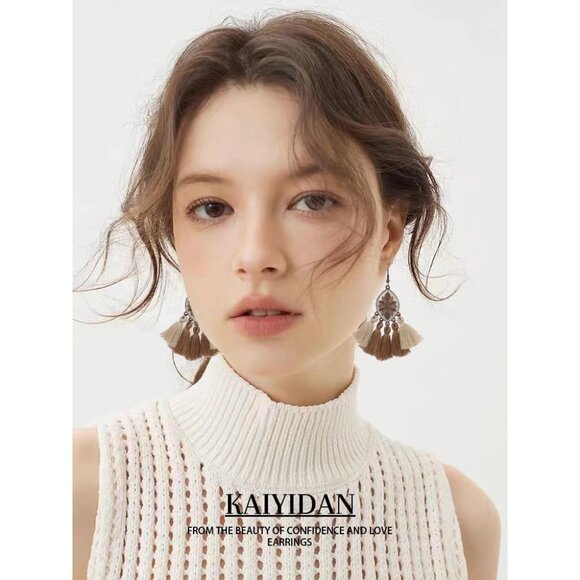 Brown Tassels Oval Shaped Enamal Dangle Statement Vintage Earring for Women - Picture 7 of 10